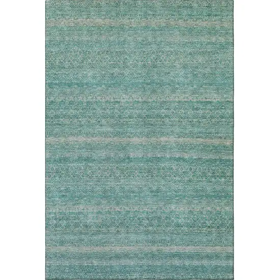 Teal And Beige Striped Washable Area Rug With UV Protection Photo 4
