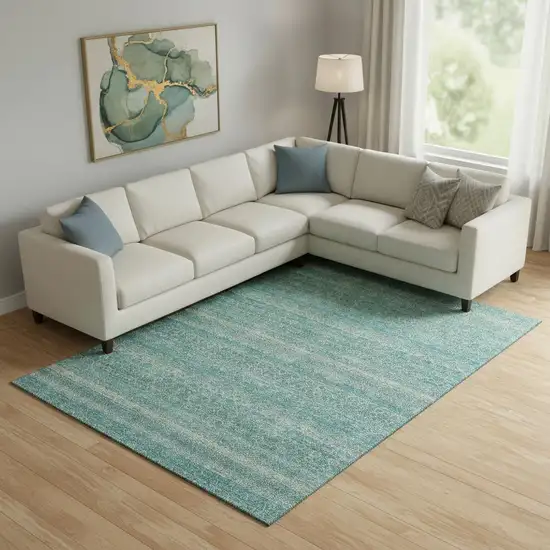 Teal And Beige Striped Washable Area Rug With UV Protection Photo 2