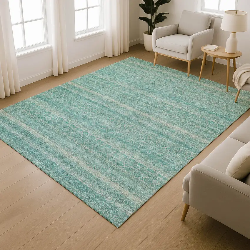 Teal And Beige Striped Washable Area Rug With UV Protection Photo 6