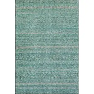 Photo of Teal And Beige Striped Washable Area Rug With UV Protection