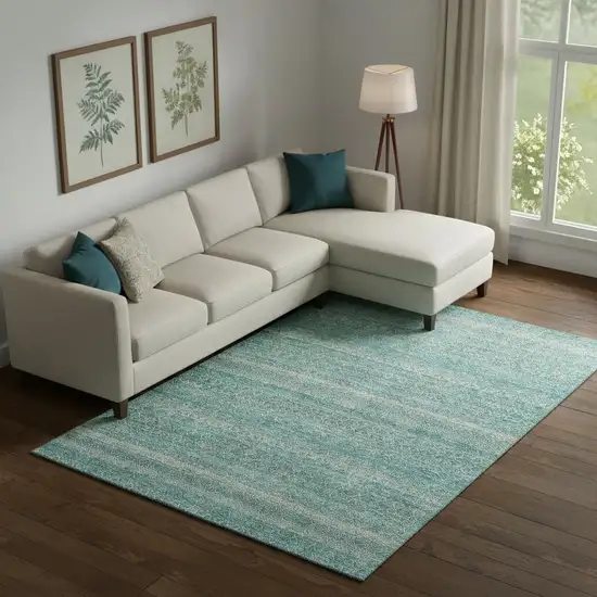 Teal And Beige Striped Washable Area Rug With UV Protection Photo 2