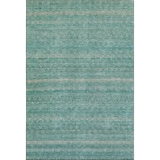 Teal And Beige Striped Washable Area Rug With UV Protection Photo 1