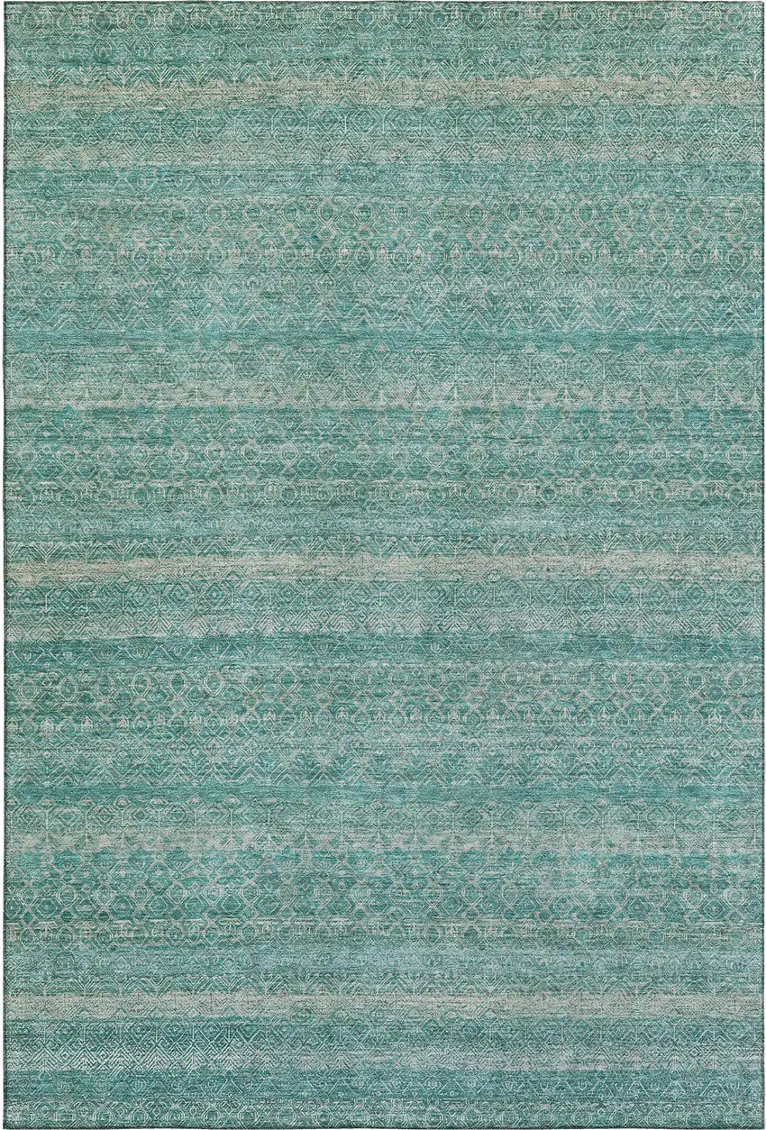 Teal And Beige Striped Washable Area Rug With UV Protection Photo 1