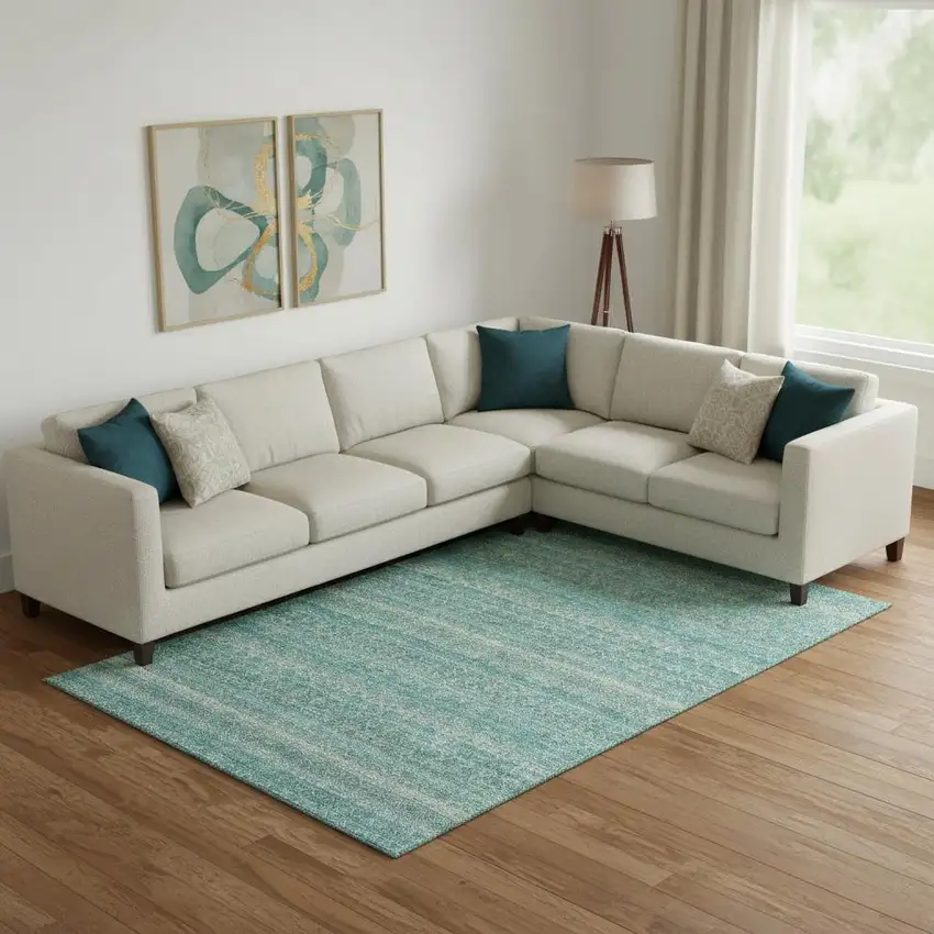 Teal And Beige Striped Washable Area Rug With UV Protection Photo 2