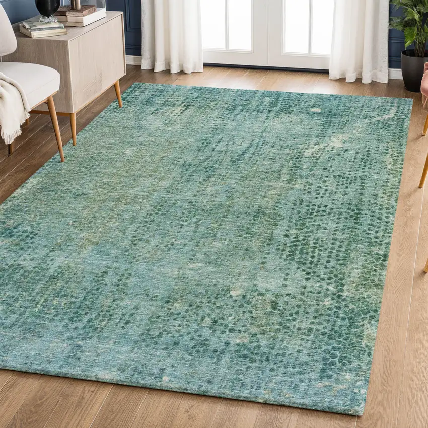 Teal And Blue Abstract Washable Area Rug With UV Protection Photo 2