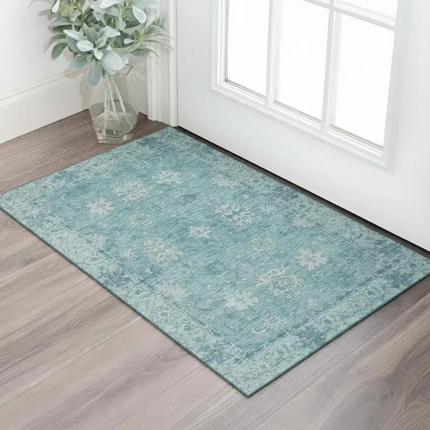 Teal And Blue Oriental Washable Area Rug With UV Protection Photo 2