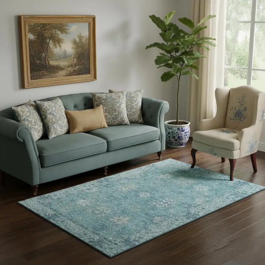 Teal And Blue Oriental Washable Area Rug With UV Protection Photo 2