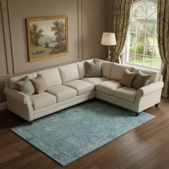 Teal And Blue Oriental Washable Area Rug With UV Protection Photo 2