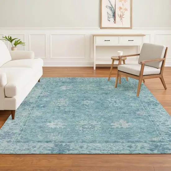 Teal And Blue Oriental Washable Area Rug With UV Protection Photo 6