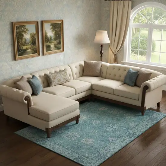 Teal And Blue Oriental Washable Area Rug With UV Protection Photo 2