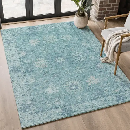 Teal And Blue Oriental Washable Area Rug With UV Protection Photo 5