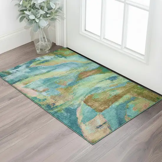 Teal And Blush Abstract Washable Area Rug With UV Protection Photo 2