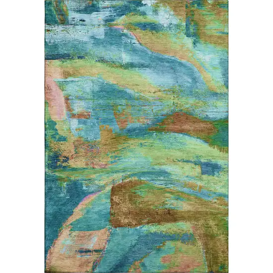 Teal And Blush Abstract Washable Area Rug With UV Protection Photo 1