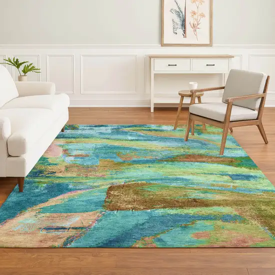 Teal And Blush Abstract Washable Area Rug With UV Protection Photo 6