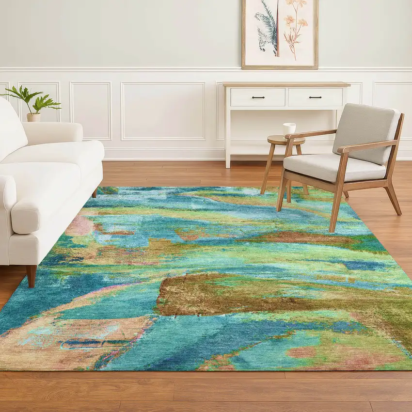 Teal And Blush Abstract Washable Area Rug With UV Protection Photo 6