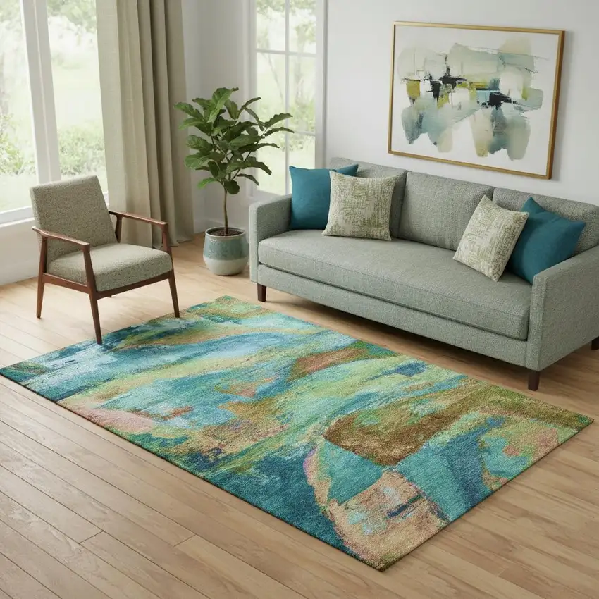 Teal And Blush Abstract Washable Area Rug With UV Protection Photo 2