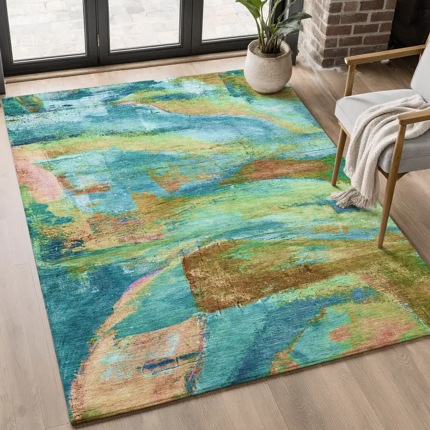 Teal And Blush Abstract Washable Area Rug With UV Protection Photo 5
