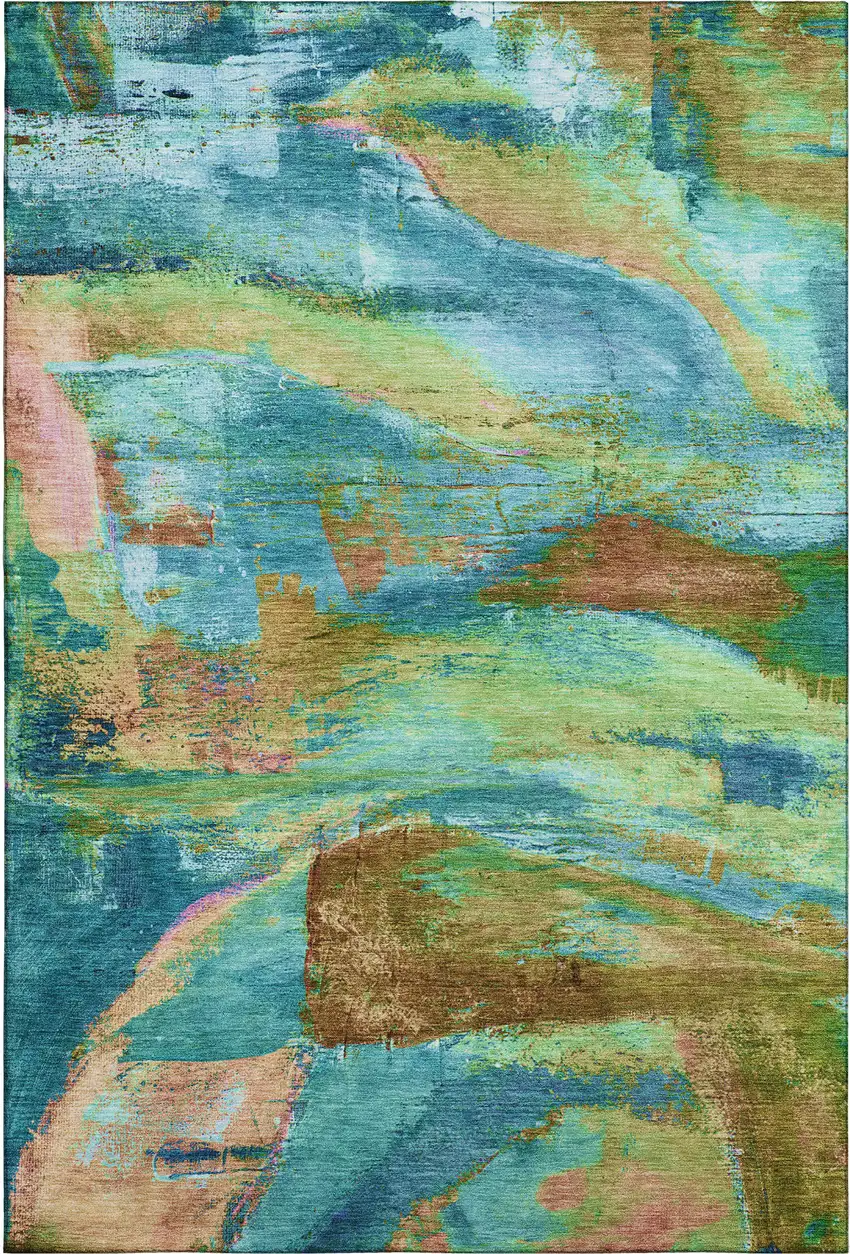 Teal And Blush Abstract Washable Area Rug With UV Protection Photo 1