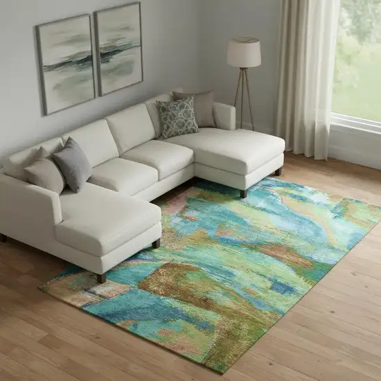 Teal And Blush Abstract Washable Area Rug With UV Protection Photo 2