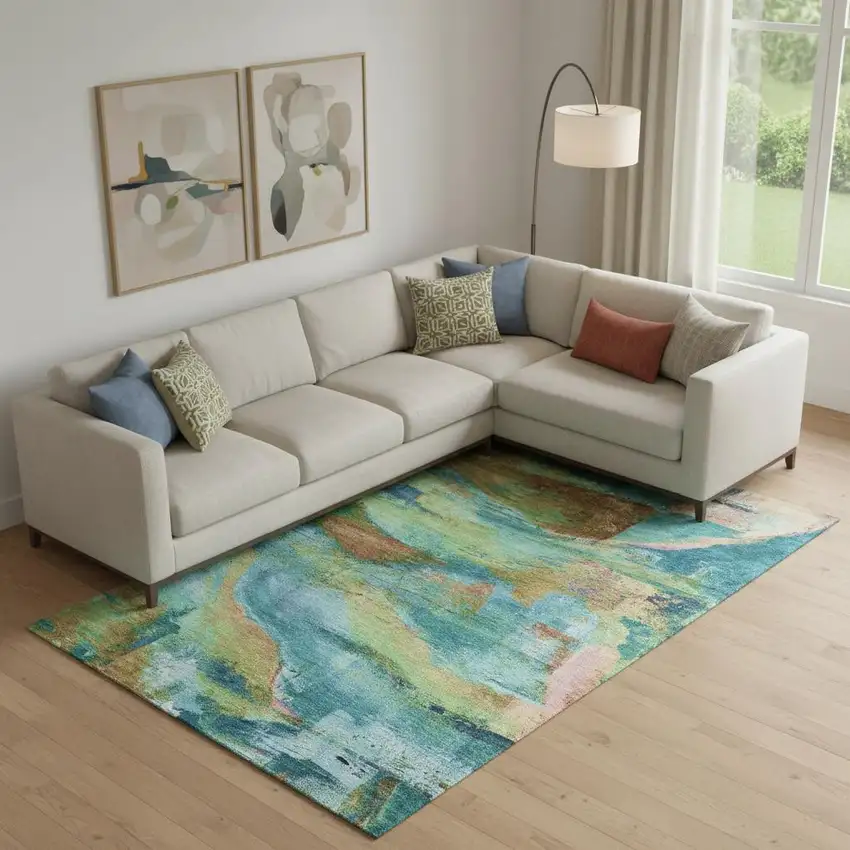 Teal And Blush Abstract Washable Area Rug With UV Protection Photo 2