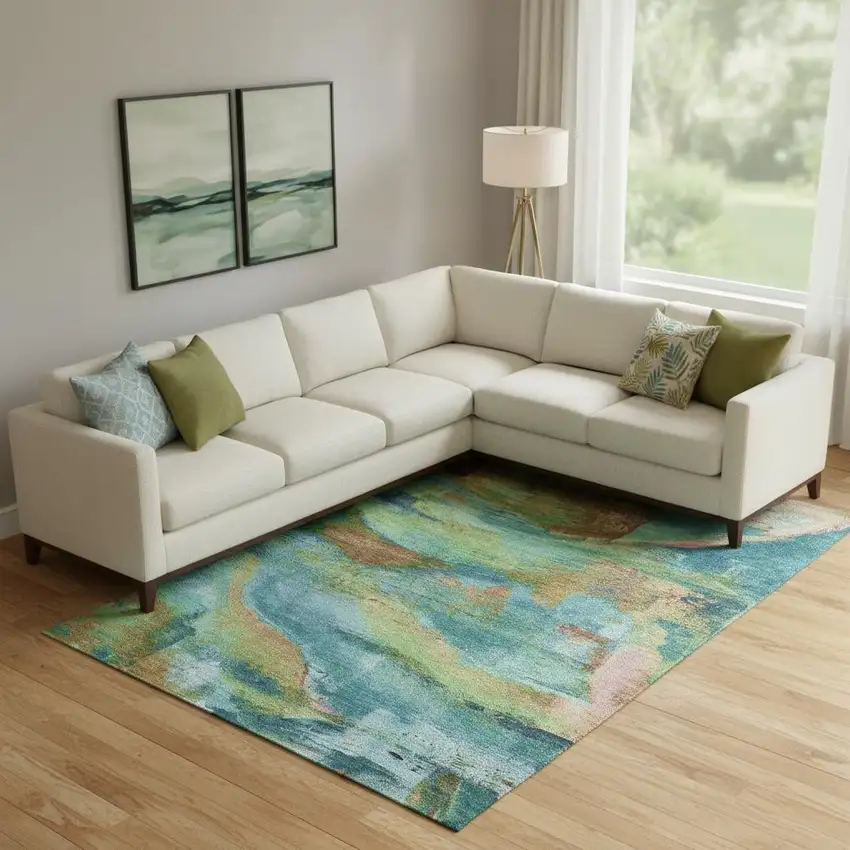 Teal And Blush Abstract Washable Area Rug With UV Protection Photo 2