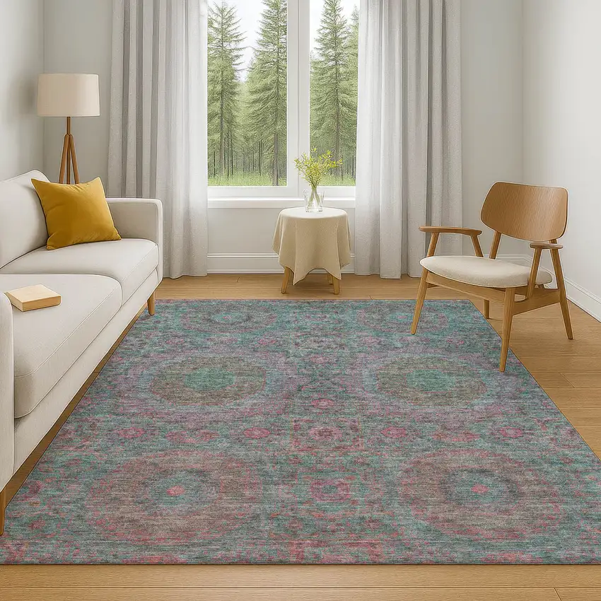 Teal And Blush Medallion Washable Area Rug With UV Protection Photo 6