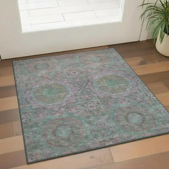 Teal And Blush Medallion Washable Area Rug With UV Protection Photo 2
