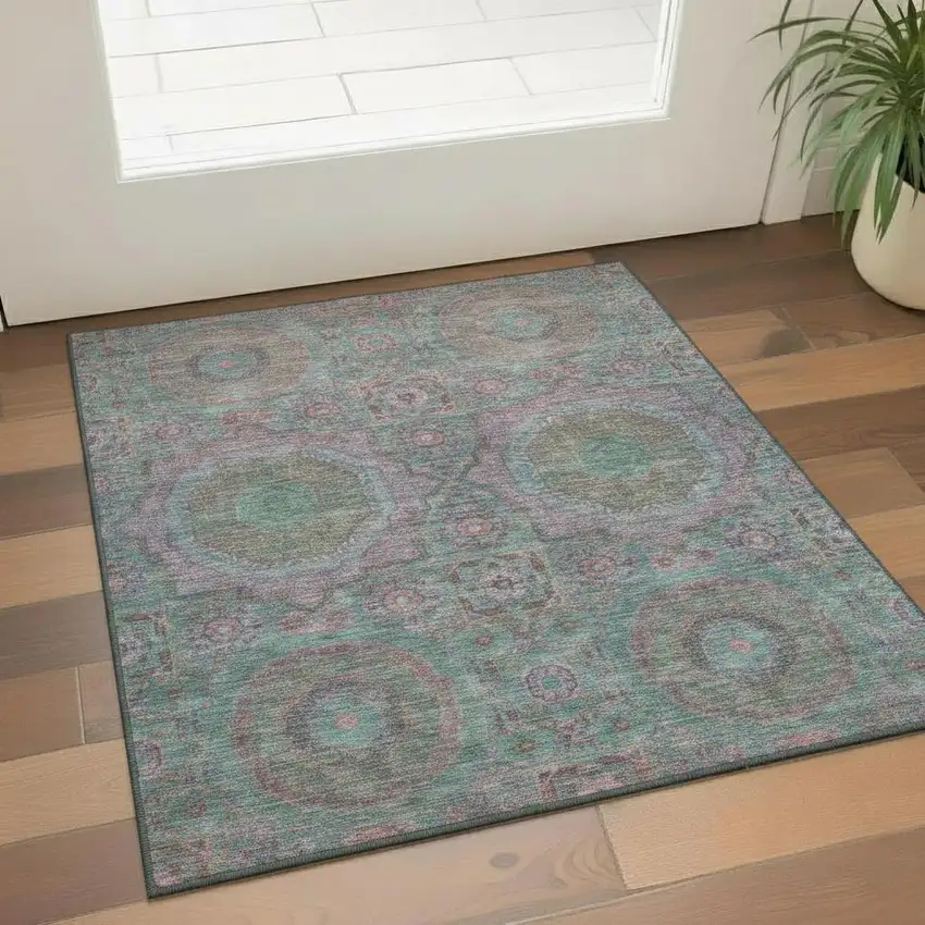 Teal And Blush Medallion Washable Area Rug With UV Protection Photo 2