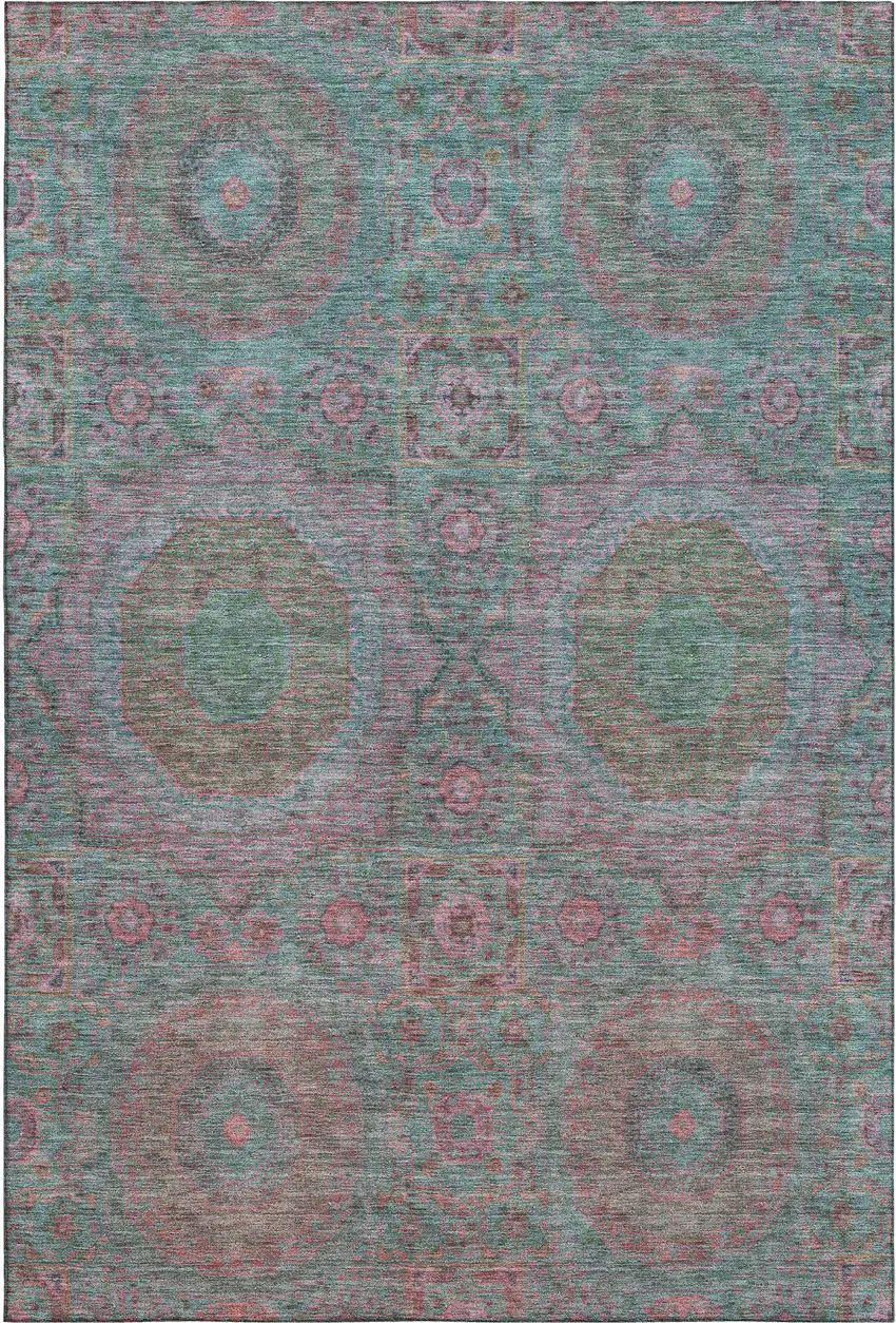 Teal And Blush Medallion Washable Area Rug With UV Protection Photo 1