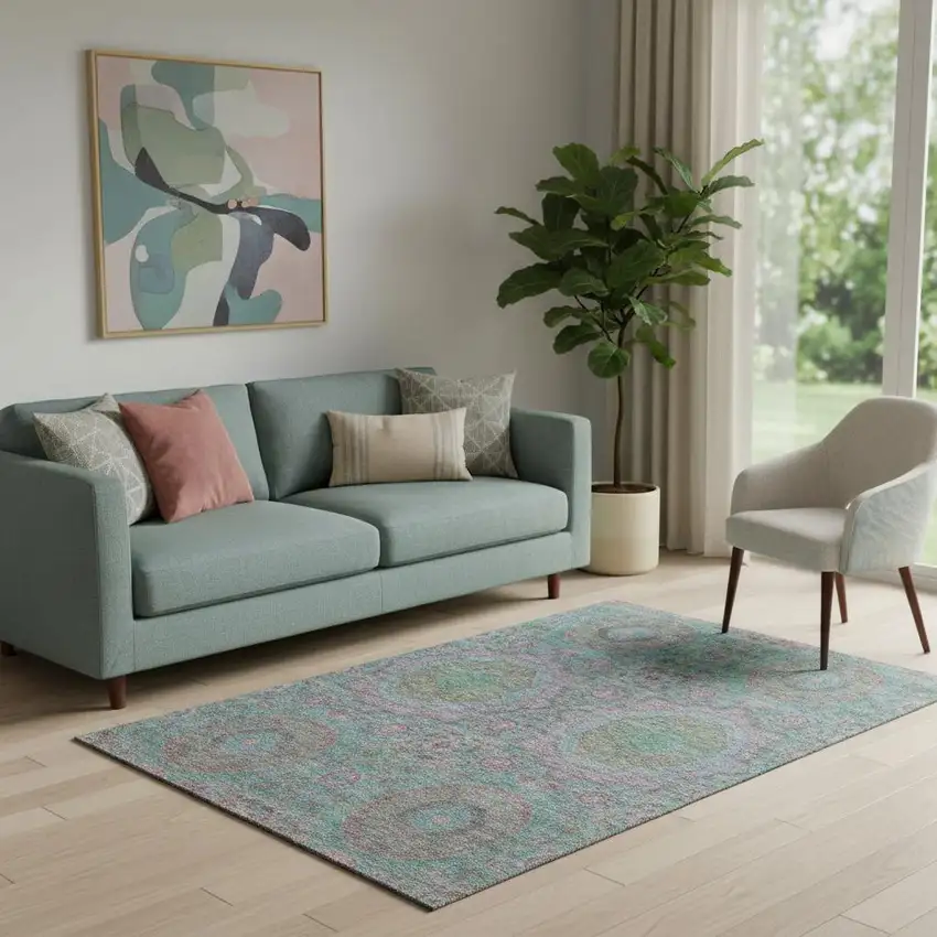 Teal And Blush Medallion Washable Area Rug With UV Protection Photo 2