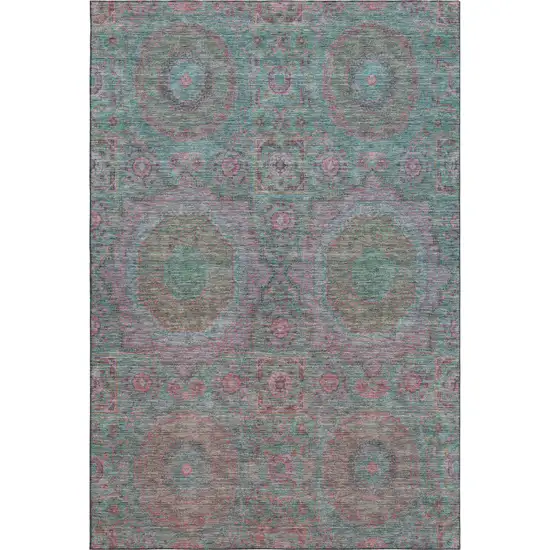 Teal And Blush Medallion Washable Area Rug With UV Protection Photo 1