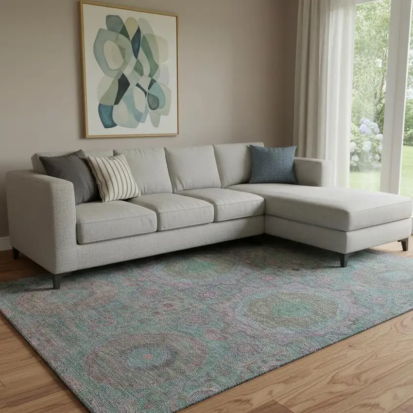 Teal And Blush Medallion Washable Area Rug With UV Protection Photo 2