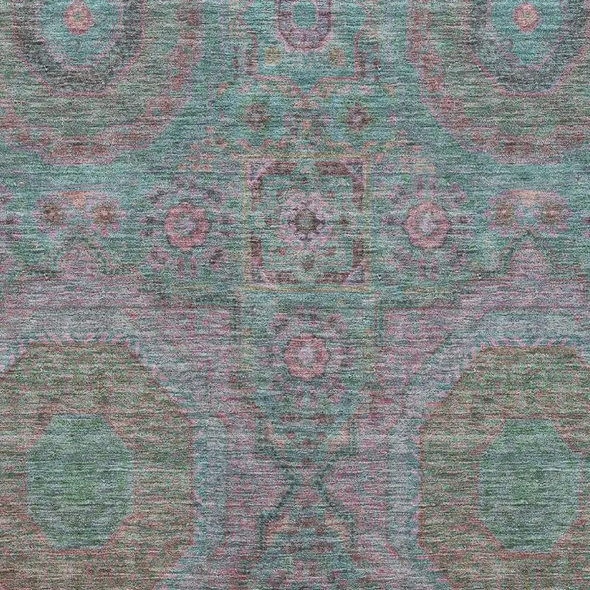 Teal And Blush Medallion Washable Area Rug With UV Protection Photo 3