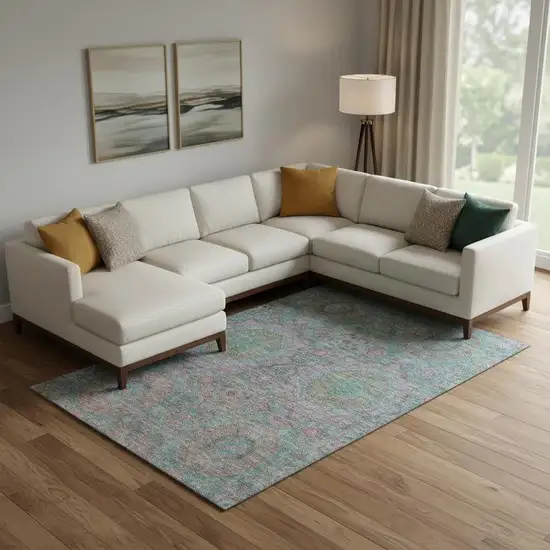 Teal And Blush Medallion Washable Area Rug With UV Protection Photo 2