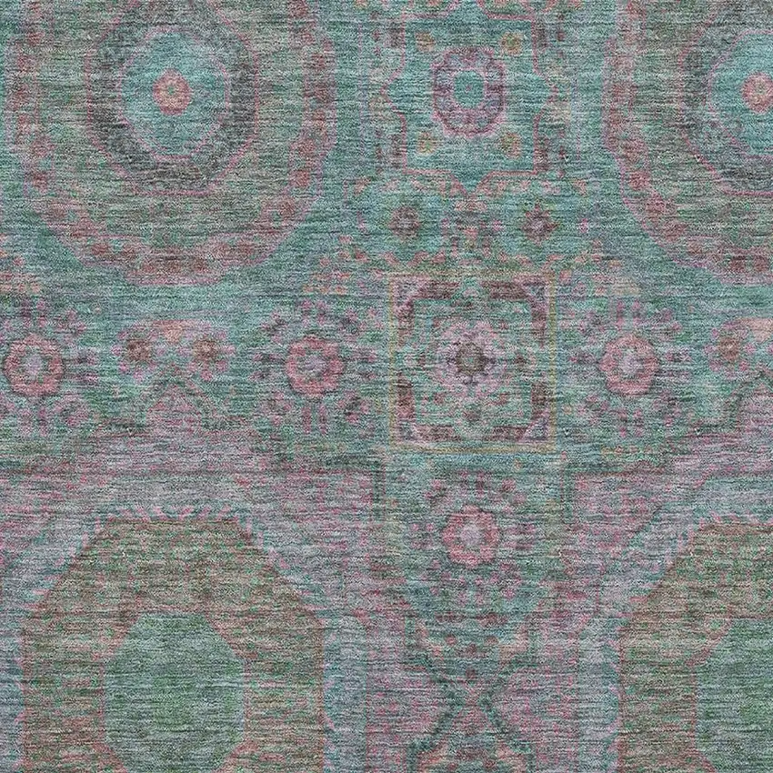 Teal And Blush Medallion Washable Area Rug With UV Protection Photo 3