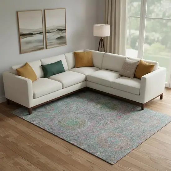 Teal And Blush Medallion Washable Area Rug With UV Protection Photo 2