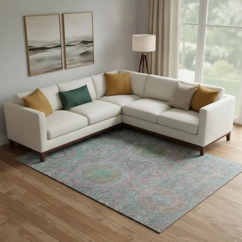 Teal And Blush Medallion Washable Area Rug With UV Protection Photo 2