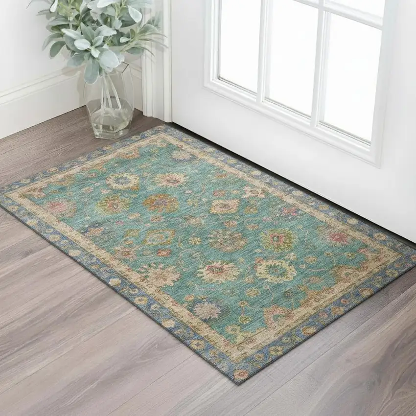 Teal And Blush Oriental Washable Area Rug With UV Protection Photo 2