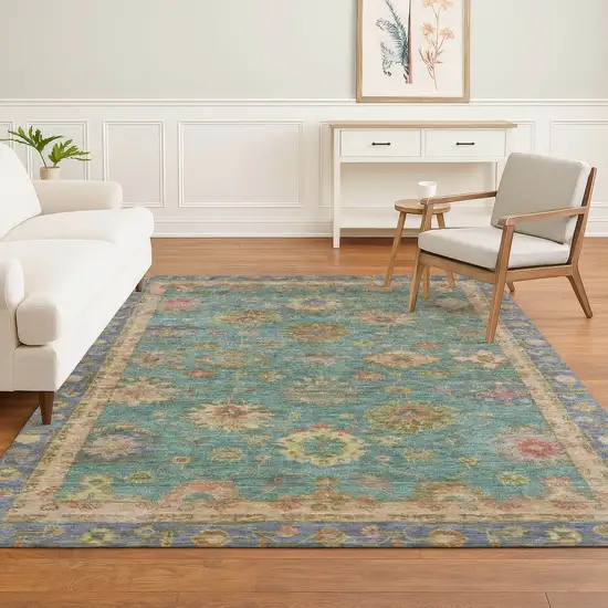 Teal And Blush Oriental Washable Area Rug With UV Protection Photo 6