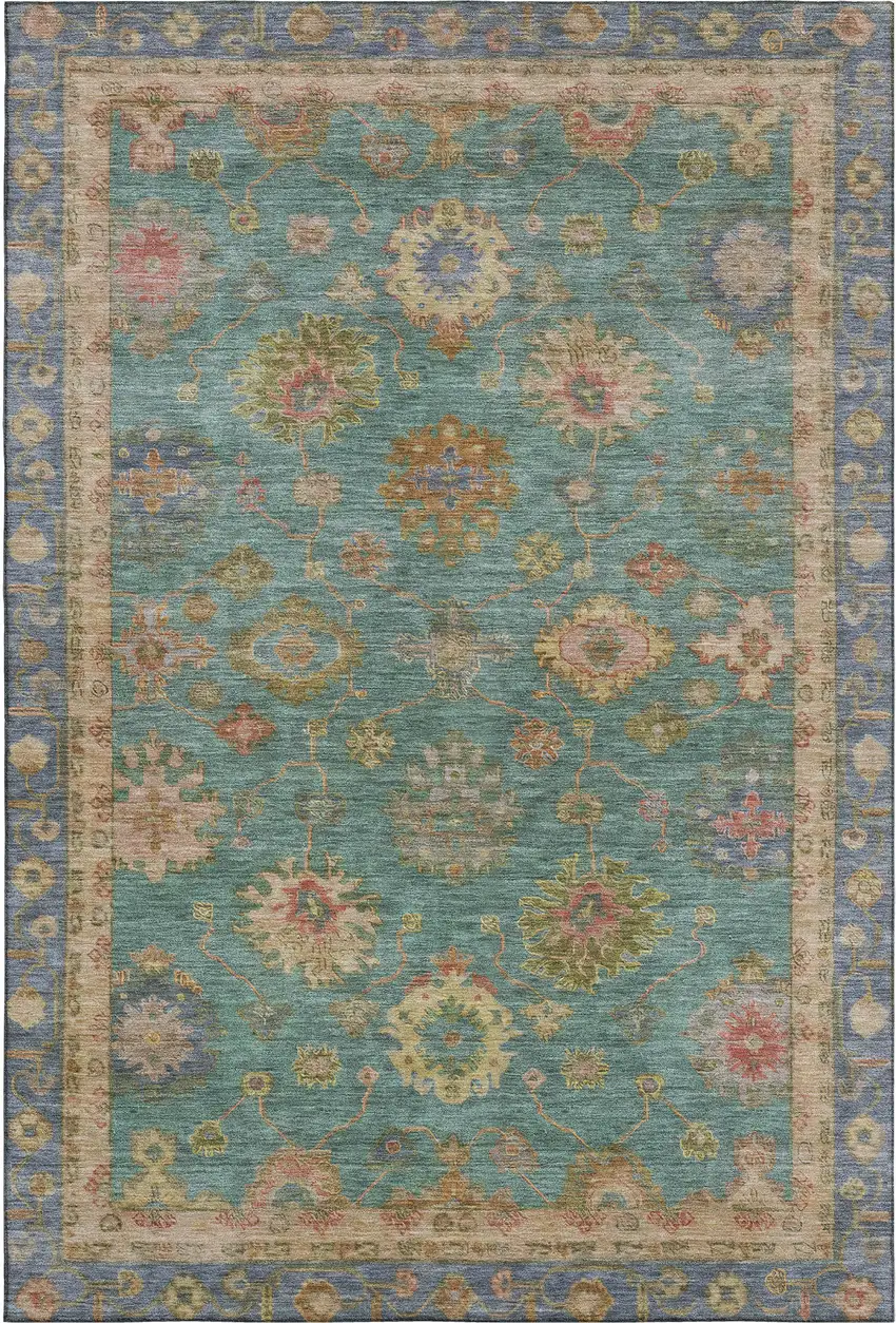 Teal And Blush Oriental Washable Area Rug With UV Protection Photo 1