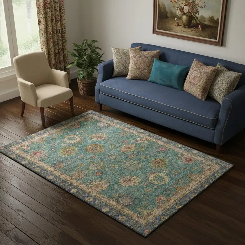 Teal And Blush Oriental Washable Area Rug With UV Protection Photo 2