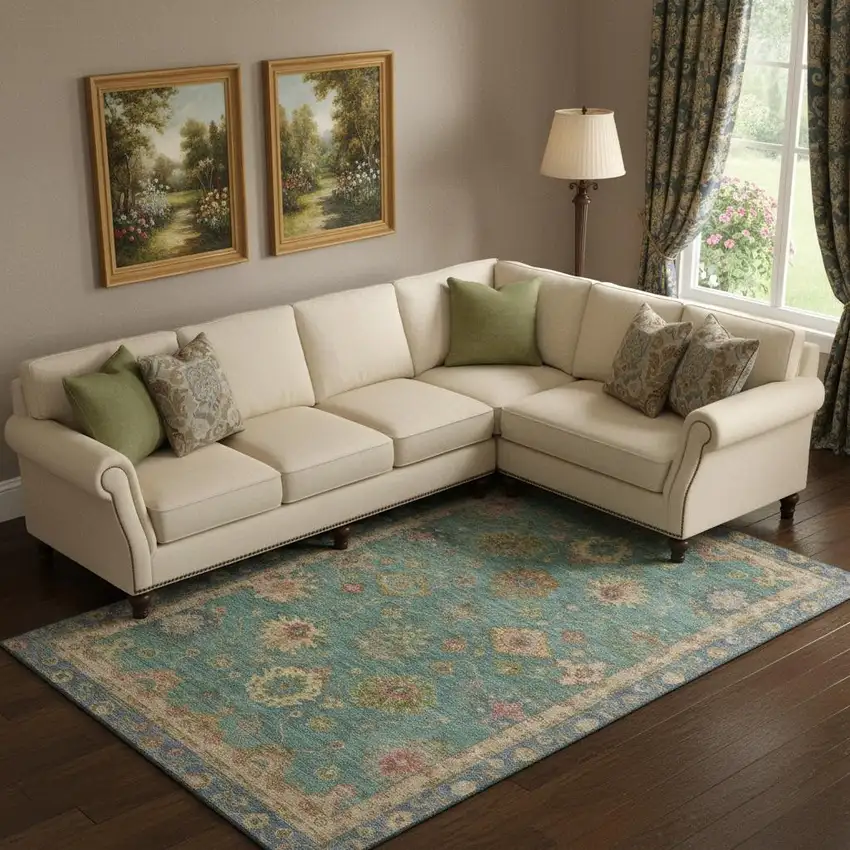 Teal And Blush Oriental Washable Area Rug With UV Protection Photo 2