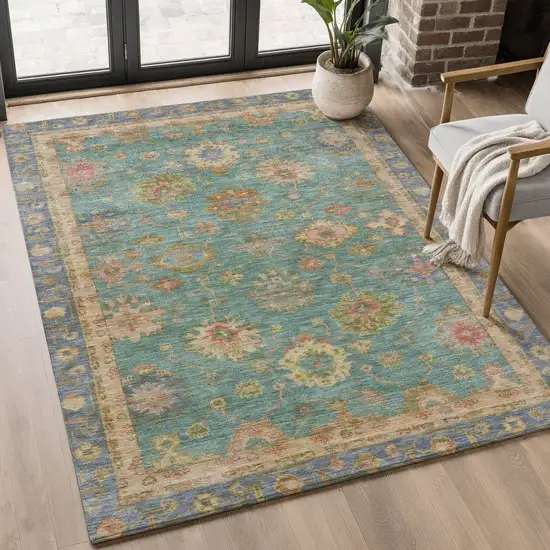 Teal And Blush Oriental Washable Area Rug With UV Protection Photo 5