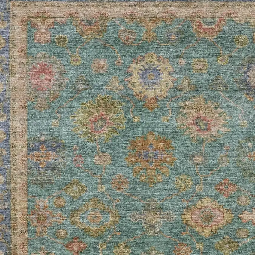 Teal And Blush Oriental Washable Area Rug With UV Protection Photo 3