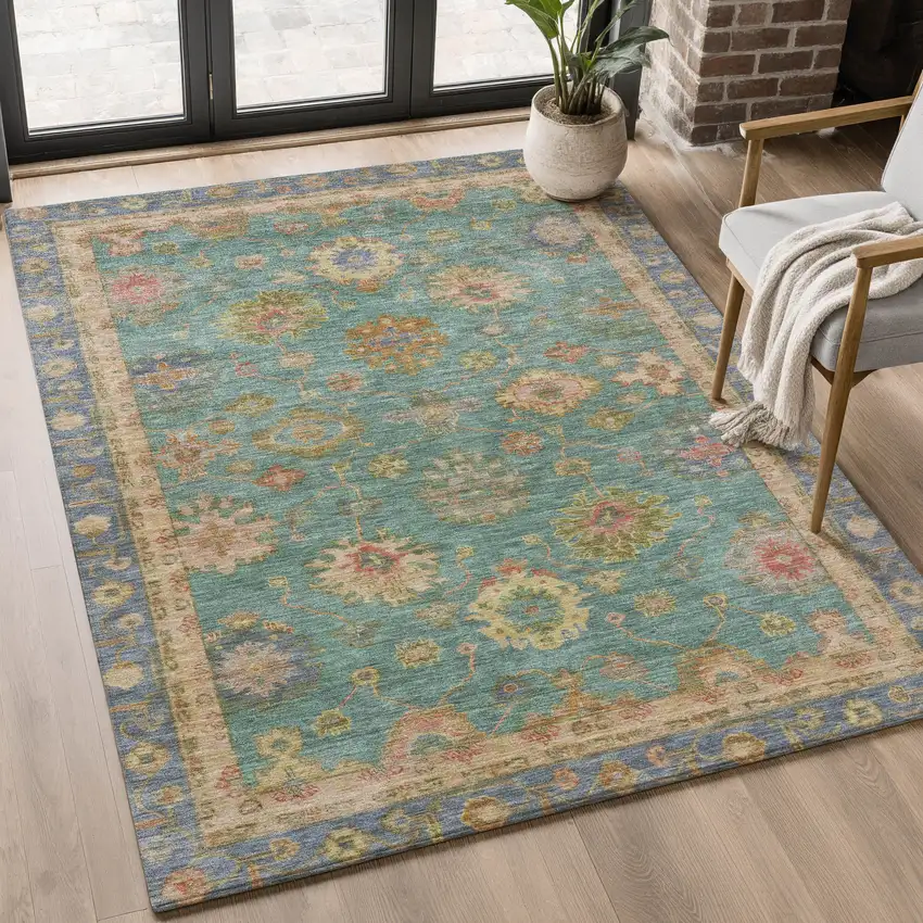 Teal And Blush Oriental Washable Area Rug With UV Protection Photo 5