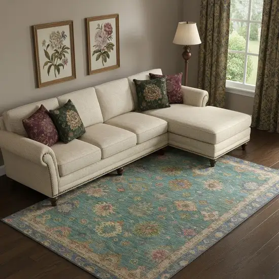 Teal And Blush Oriental Washable Area Rug With UV Protection Photo 2