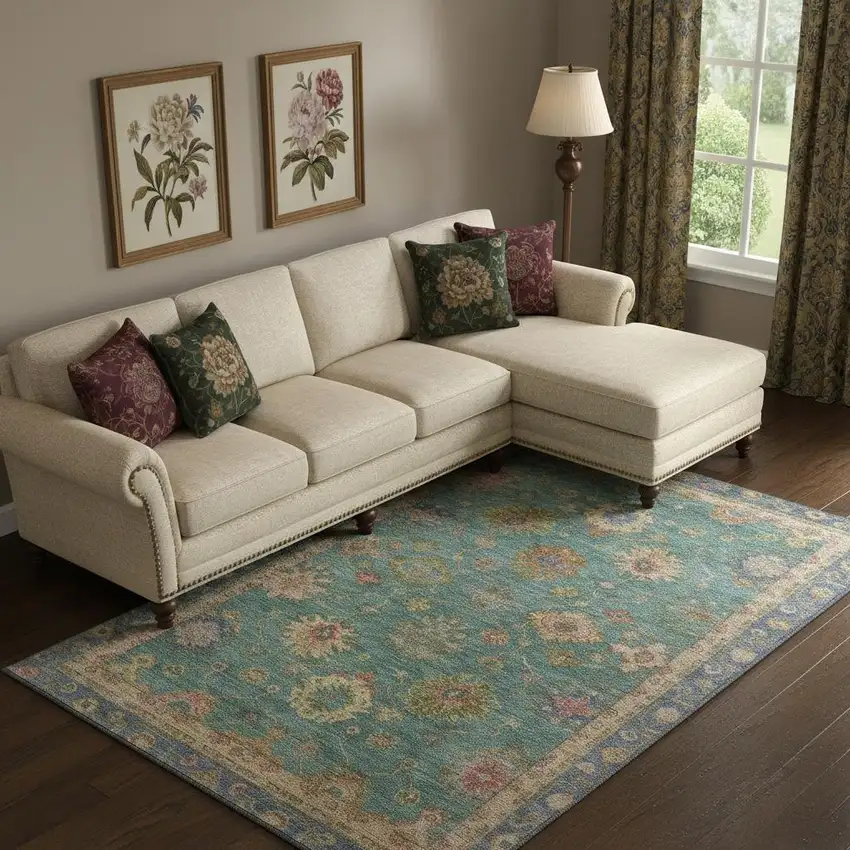 Teal And Blush Oriental Washable Area Rug With UV Protection Photo 2