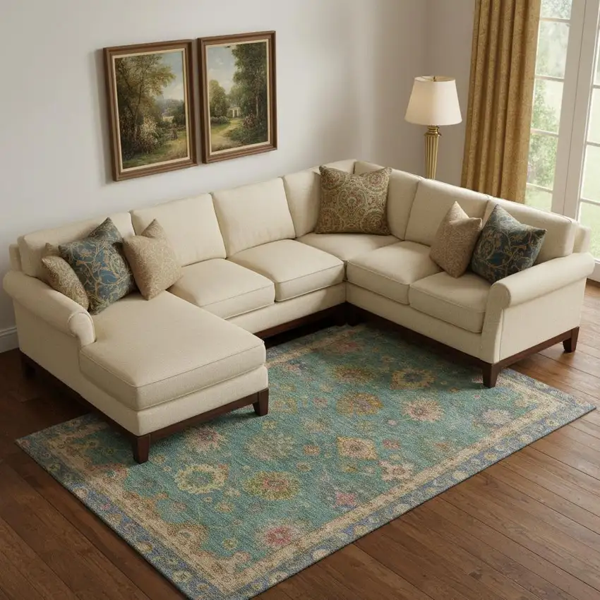 Teal And Blush Oriental Washable Area Rug With UV Protection Photo 2