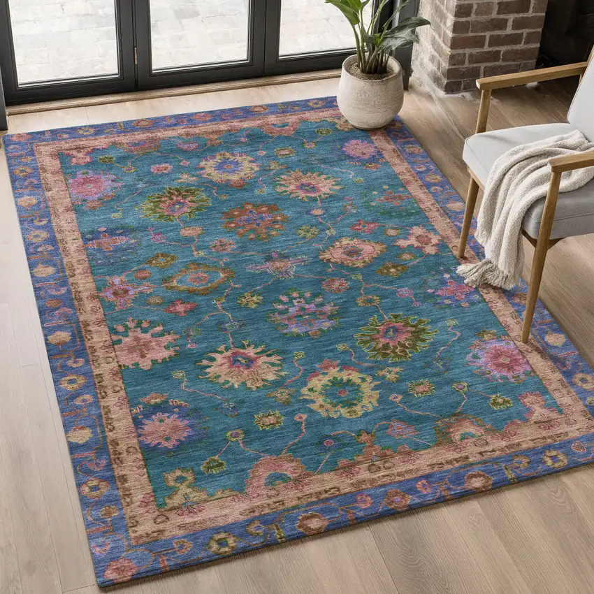 Teal And Blush Oriental Washable Area Rug With UV Protection Photo 5
