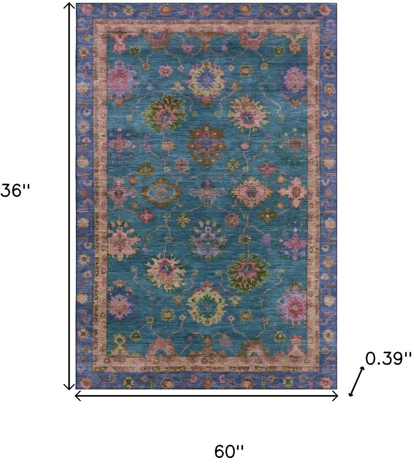 Teal And Blush Oriental Washable Area Rug With UV Protection Photo 9
